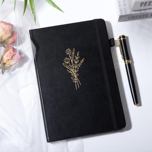 Cute Journal for Women and Girls, A5 Hardcover Lined Journals for Writing, 192 Pages, Floral Diary (Black)