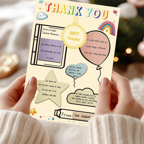 TzenvoGift 5-Pcs Teacher Thank You Cards Fill-in-the-Blank Appreciation Cards with Gold Foil Medal Fun & Colorful