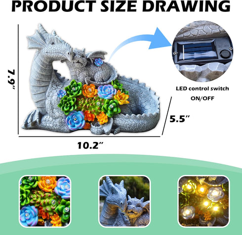 RCTTICUU 6 Solar Dragon Garden Statues Outdoor Decor, Resin Dragon Figurine with Succulent and LED Lights Lawn Patio
