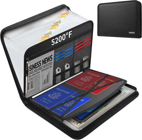 JUNDUN 5200? Fireproof Document Organizer, Multi-Pockets Accordion File with Zipper & Labels, 13 Pockets for Letter A4