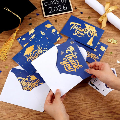 Dunzoom 120 Sets 2026 Graduation Thank You Cards Bulk Blue Gold Foil Blank Greeting Cards with Envelopes & Stickers