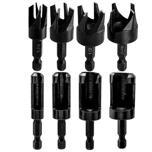 Yakamoz 8Pcs Wood Plug Cutter Set, 1/4 Inch Hex Shank Straight and Tapered Cork Drill Bits Cutting Tool