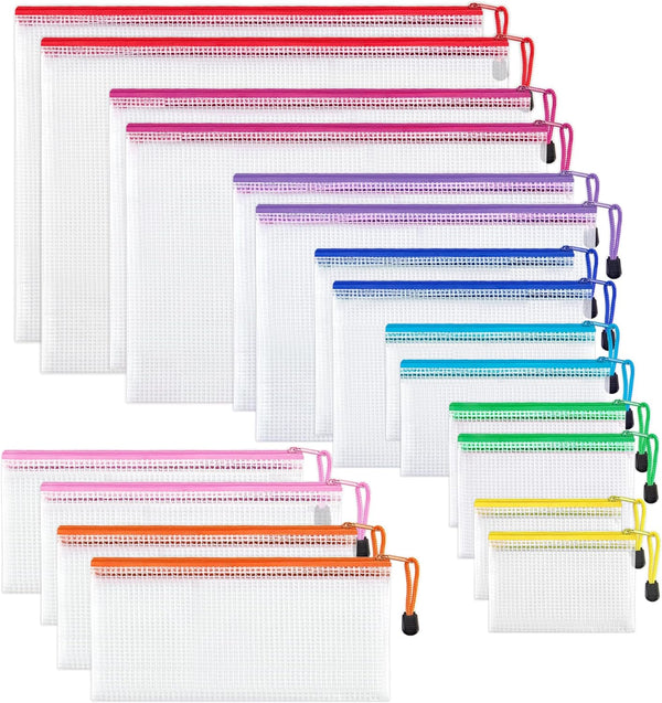 JARLINK 18 Pack 8 Sizes Mesh Pouch, Waterproof Zipper File Bags for Office, School, Travel Accessories, and Home
