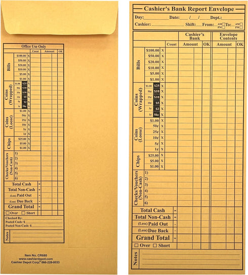 Cashier Depot CR680 Cashier's Bank Report Envelopes, 4 1/2" x 10 3/8", Brown Kraft, 500 Count