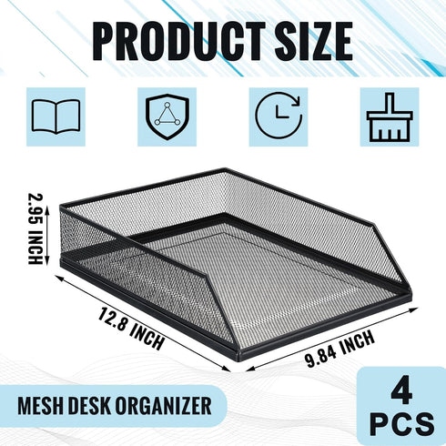 Hicarer 4 Pcs Black Metal Letter Tray, Stackable Desk Tray, Single Wire Mesh Desk Organizer, Front Load File Paper