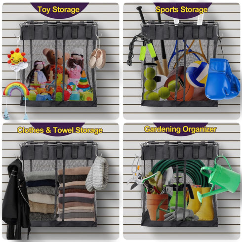 Large Mesh Slatwall Baskets 2 Sets, 16x16x12 Inch with 4 Hooks, 48L Mounted Hanging Baskets for Shop Garage Gym