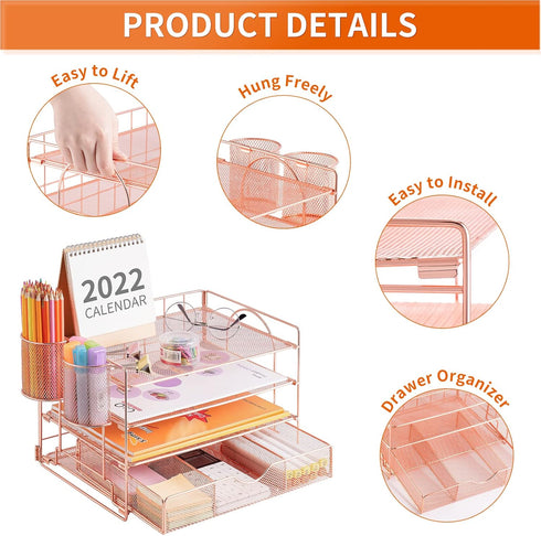Paper Letter Tray Organizer with 4-Tier Desk Accessories, Workspace Organizers with Drawer & 2 Pen Holders