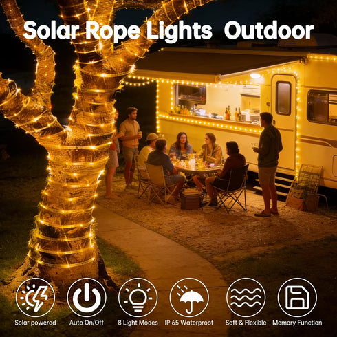 BANBANJO 66ft 200 8 Solar Rope Lights for outside, LED Solar string Lights with Modes, Waterproof Solar Outdoor Light