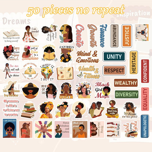 50PCS Black Girl Stickers, Black Women Empowerment Quote Stickers for Women Teens, Vinyl Decals for Planners Journals