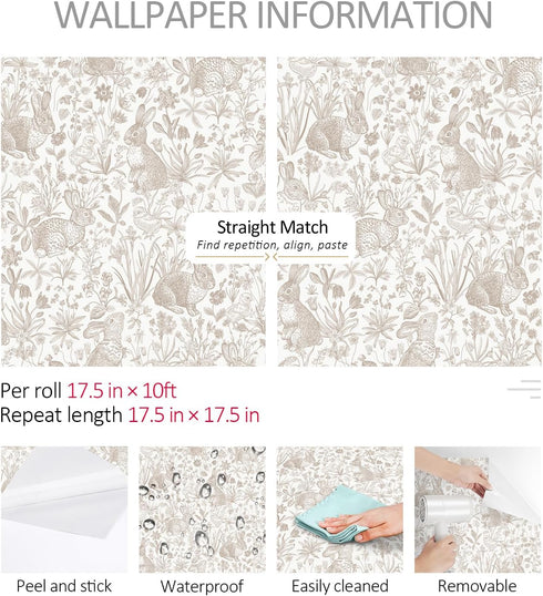 17.5in23ft Countryside ReWallpaper Beige Bunny Wallpaper Peel and Stick Neutral Cottage Wallpaper Bathroom Waterproof