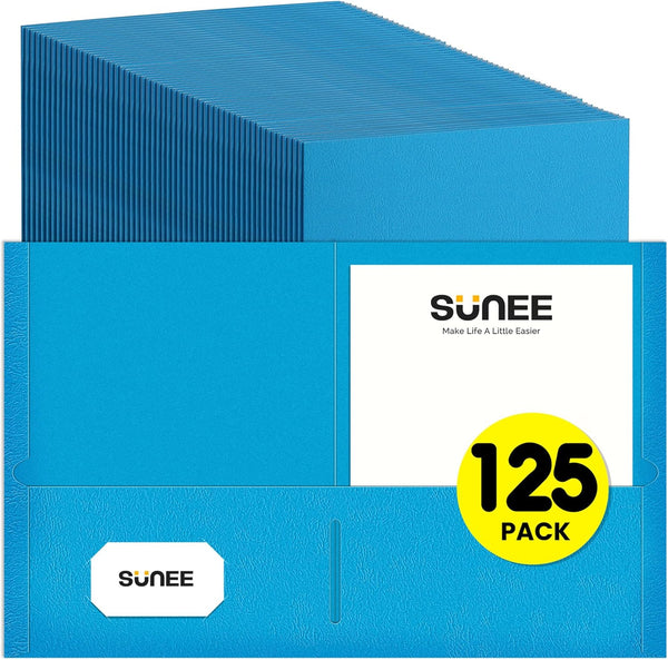 SUNEE Folders with Pockets, 125 Pack, Blue, 2 Pocket Folders Fit Letter Size Paper for School Office Home Business