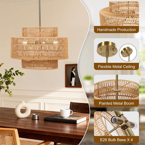 18" 3-Tier Boho Rattan Chandelier Light Shade, Hand Woven Drum Rattan Lampshade for Kitchen Island Dining Room Living