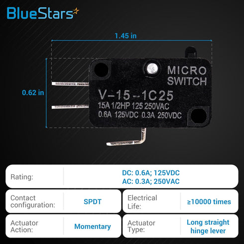 BlueStars Pack of 10 V-15-1C25 Micro Limit Switch Blade Momentary 250VAC/125VDC 15A Perfect for Arduino, Appliance and General Electrical Equipment Supplies