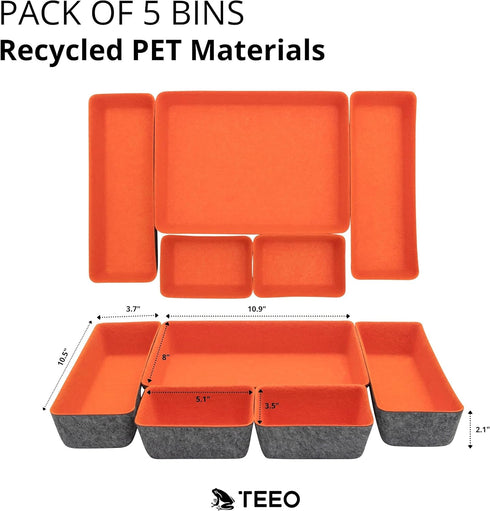 Teeo Drawer Dividers Organizers, Makeup Trays for Vanity, Office Drawer Organizer, Pack of 5, Orange