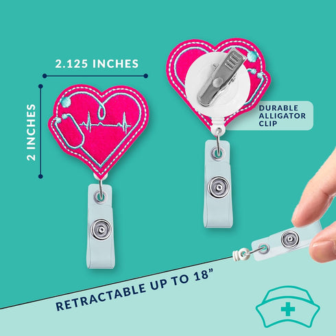 Nurse Badge Reel Retractable – Felt Badge Holder for Nurses, Students & Teachers – Cute EKG Heart Design