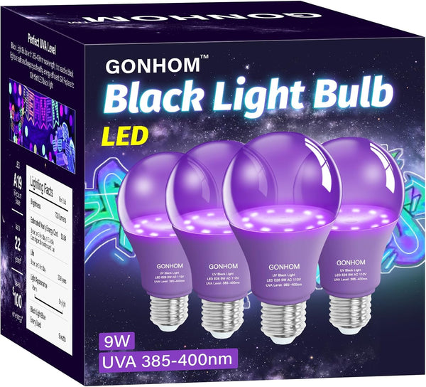 4 Pack A19 LED Black Light Bulbs, Dimmable 9W Blacklight Bulb, E26 Base, UVA Level 385-400nm, Glow in The Dark