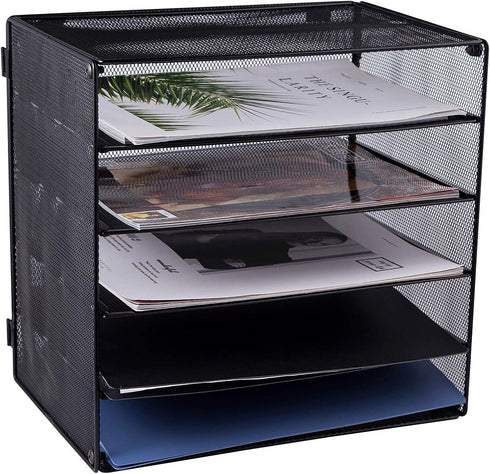 EASEPRES 5 Slot Mesh Desk Organizer Tray, File Paper Letter Folder Holder for Office Home School Classroom, Black, 2