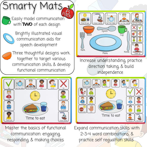 SMARTY MATS (6 Pack) Communication Speech Therapy Placemats for Autism & Non-Verbal Kids Visual Boards, ABA Therapy