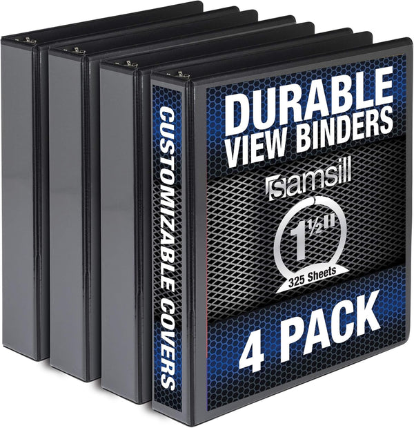 Samsill Durable 1.5 Inch Binder, Made in the USA, Round Ring Customizable Clear View Binder, Black, 4 Pack