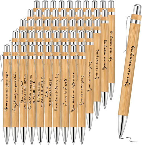 Fulmoon 100 Pcs Inspirational Quote Bamboo Pen Bulk, Motivational Wooden Pen, Black Ink Ballpoint for Office Supplies
