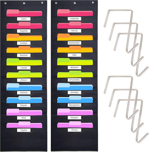 Black Pocket Chart for Classroom - Pack of 2 with 10 Pocket Storage and 6 Over Door Hangers for Organizing