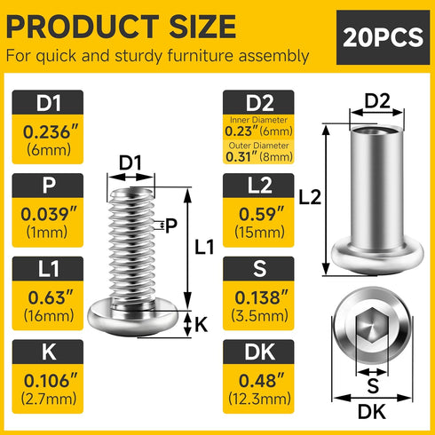 MYWISH 10Sets M6 16mm 304 M6 Countersunk x Flat Head Hex Socket Cap Screws Bolts and Barrel Nuts Kit, Stainless Steel