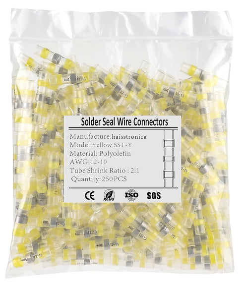 250PCS Yellow Solder Seal Wire Connectors AWG12-10, Marine Grade Waterproof Heat Shrink Butt Connectors