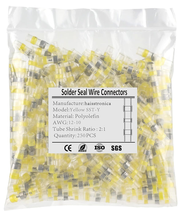 250PCS Yellow Solder Seal Wire Connectors AWG12-10, Marine Grade Waterproof Heat Shrink Butt Connectors