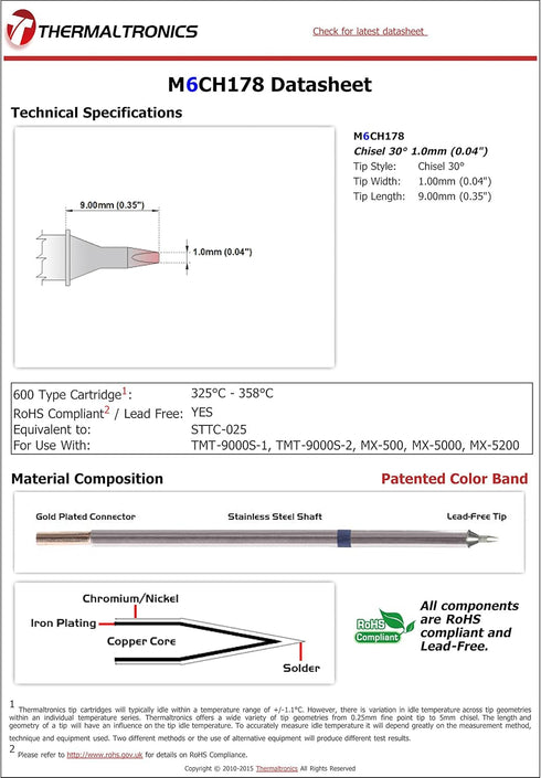Thermaltronics M6CH178 Chisel 30deg 1.0mm (0.04in) for Metcal STTC-025