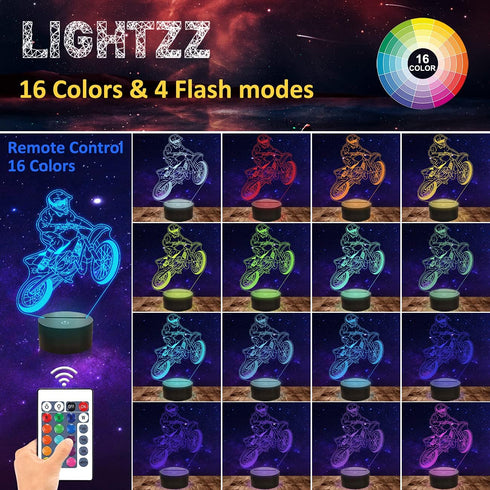 3D 16 Lightzz Dirt Bike Gifts for Boys, Motocross Night Light Illusion Lamp for Teen Boys Motorcycle Fans Bedroom Decor