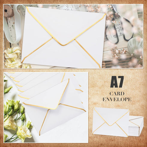 Teling 100 Pack 5 x 7 Envelope Invitations | Ice White | A7 V Flap Envelopes with Gold Border for Bridal Shower, Wedding