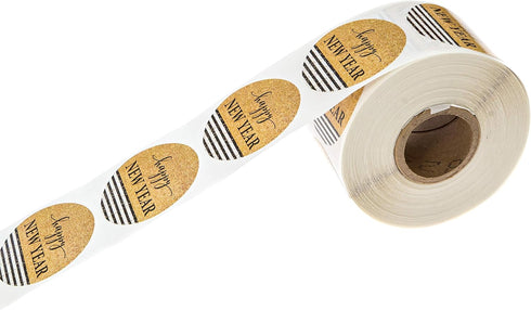 Happy New Year Stickers, 500 Labels, Black & Gold Faux Glitter Sticker