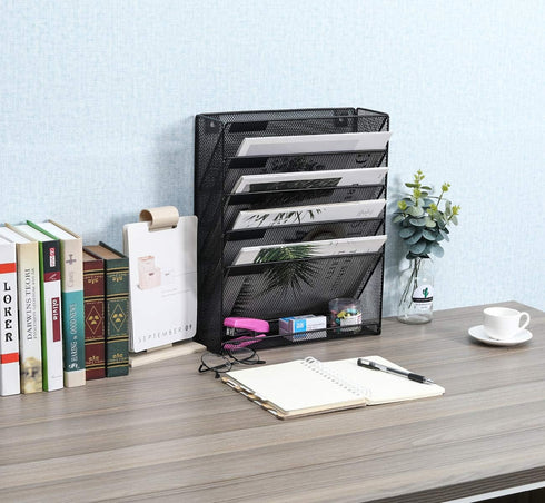 EasyPAG 5 Slot Wall Hanging File Organizer - Vertical Office Desk / Wall Mounted Paper Holder with Bottom Tray, Black