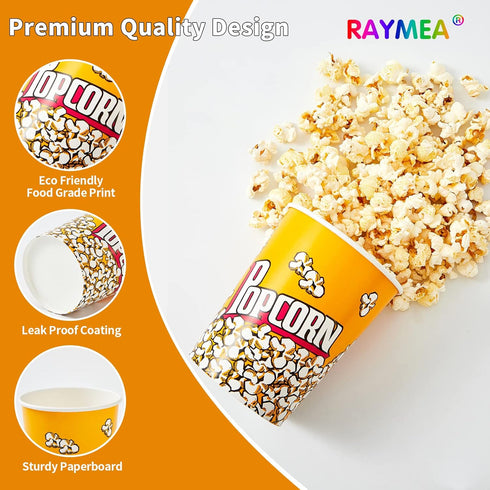 RAYMEA Disposable Popcorn Buckets 32oz Retro Style Paper Leak Proof Containers - 10 Pack for Movie Night & Party