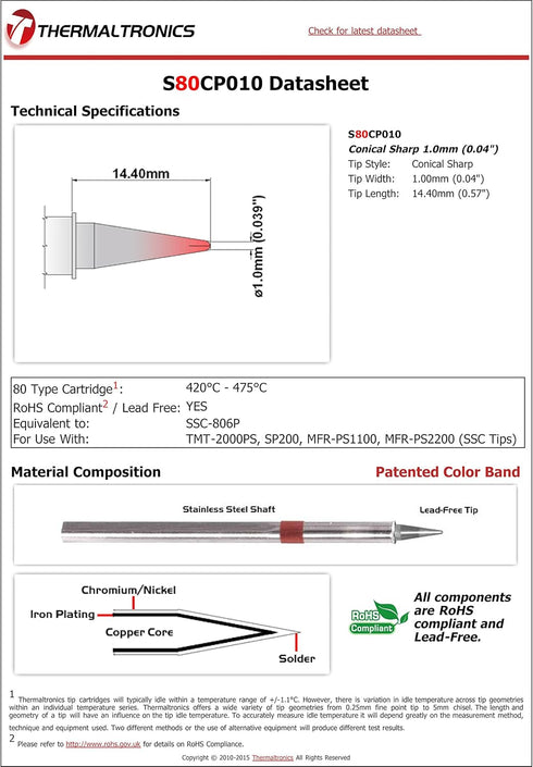 Thermaltronics S80CP010 Conical Sharp 1.0mm (0.04in) Interchangeable for Metcal SSC-806P