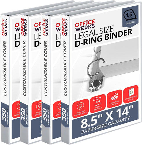 Office Werks Heavy Duty 4-Pack Legal Size View Binder - 14" x 8.5", White, 1.5 Inch D-Ring, Back Mount
