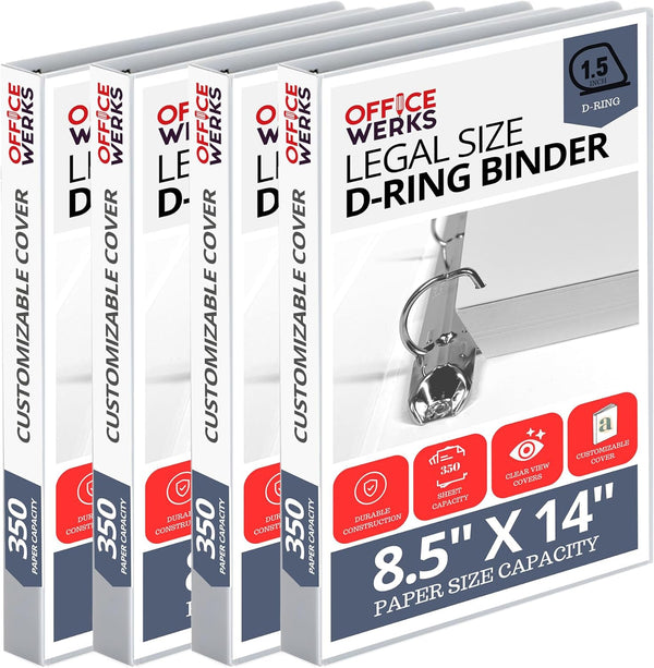 Office Werks Heavy Duty 4-Pack Legal Size View Binder - 14" x 8.5", White, 1.5 Inch D-Ring, Back Mount