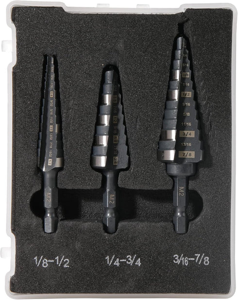 1/2", 3/4" & 7/8" Quick Change Step Drill Bit Set, M2 High Speed Steel for Hole Drilling in Stainless Steel, Wood