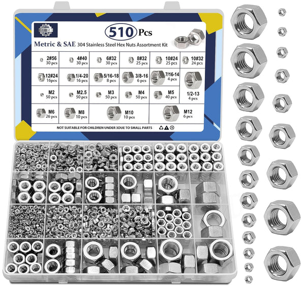 ZQZ 510 Pcs 2 in 1 SAE and Metric Stainless Steel Hex Nut