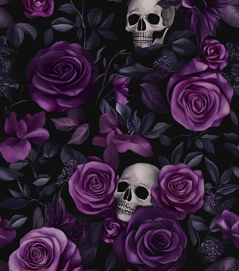 Black Purple Wallpaper Peel and Stick, Dark Floral Skull Contact Paper 17.5"