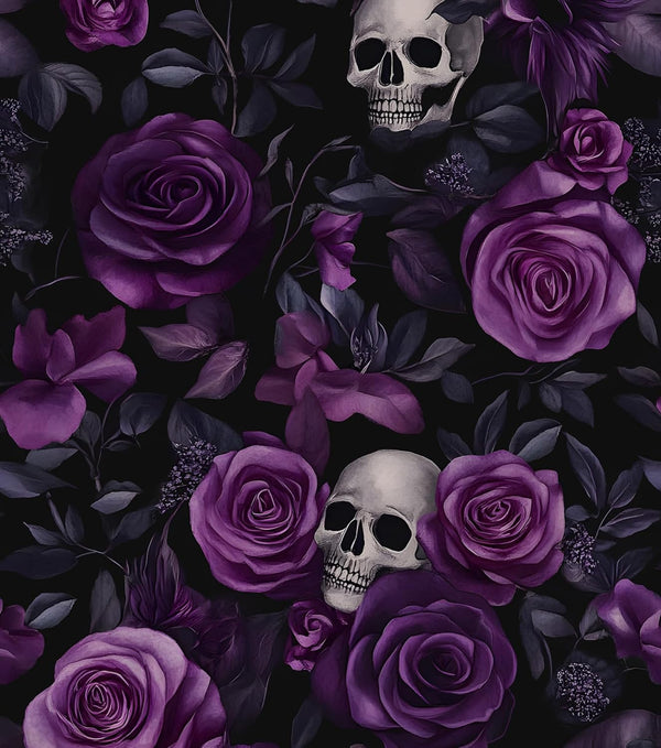 Black Purple Wallpaper Peel and Stick, Dark Floral Skull Contact Paper 17.5"