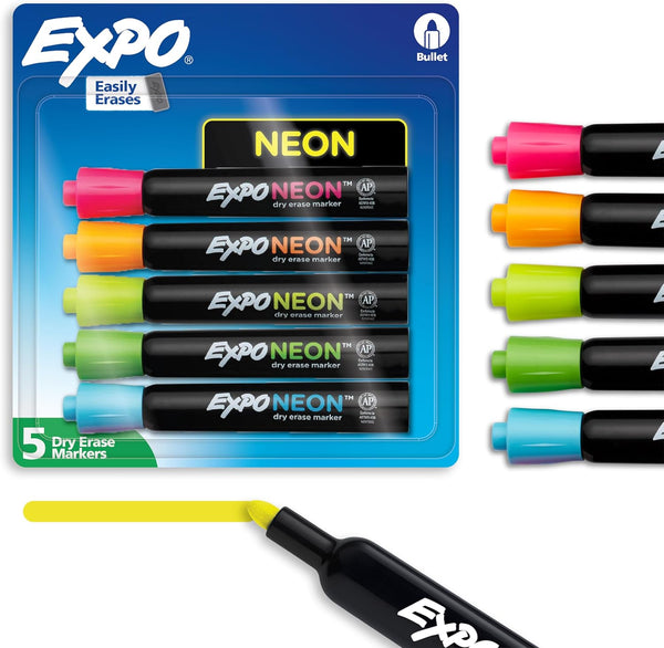 Expo Neon Dry Erase Markers, Bullet Tip, Assorted Colors, 5 Count