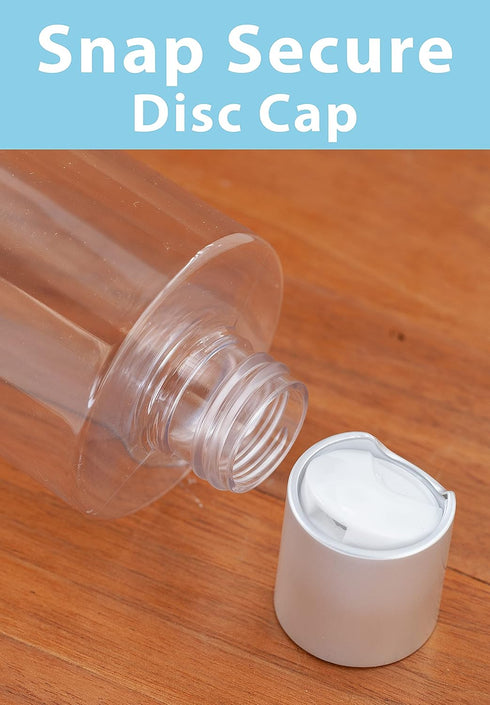 JUVITUS 12 oz Clear PET Plastic Bottles with Silver Disc Cap, Professional Cylinder, 12 Pack