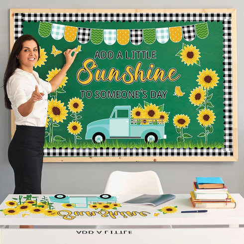 ZOIIWA Sunflower Bulletin Board Decorations, Summer Truck Back to School Set with Black Plaid Borders Wall Decor