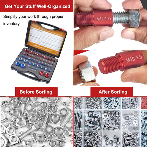 44pcs Nut and Bolt Thread Checker Set, Practical Size Gauge Box for Inch & Metric