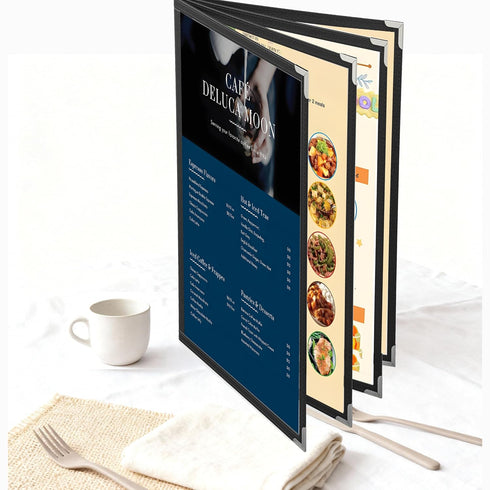 6 8.5x14 4Page 8View Pcs Black Menu Covers, Legal Size, menu Holder, Toothed Metal Corners, Waterproof