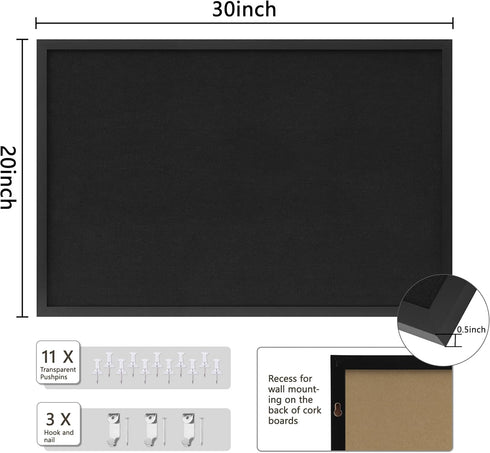 Black Linen Cork Board, 30"x20", Bulletin Board for Office Home School Message Board or Vision Board Decoration