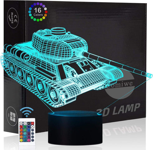 Comiwe Military Tank 3D Illusion Night Light, 16 Colors Dimmable LED Bedside Lamp