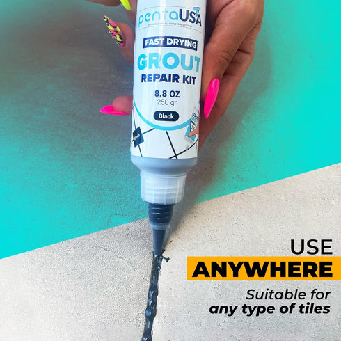 PentaUSA Tile Grout Repair Kit, Black Grout Filler, Fast Drying Formula with Grout Float (Black, 8.8oz / 250gr)