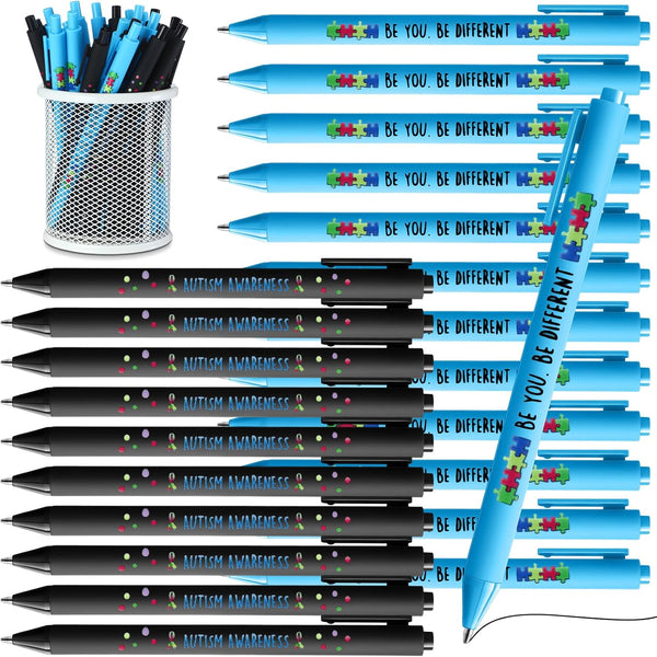 Jetec 100 Pcs Autism Awareness Pens Bulk, Inspirational Retractable Ballpoint Pens for Mental Health Classroom Office